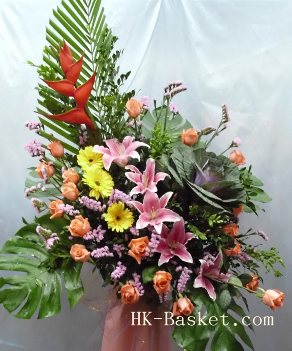 Flower arrangement (1) - Our Majestic Opening Bouquet celebrates new ventures with its stunning mix of heliconia, pink lilies, and yellow chrysanthemums, radiating a tropical elegance.